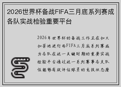 2026世界杯备战FIFA三月底系列赛成各队实战检验重要平台