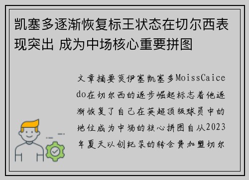 凯塞多逐渐恢复标王状态在切尔西表现突出 成为中场核心重要拼图