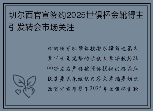 切尔西官宣签约2025世俱杯金靴得主引发转会市场关注